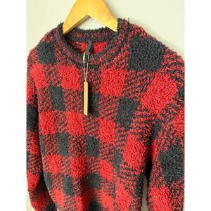 SKIMS Cozy Unisex Pullover Sweater Brick Buffalo Check Red Black S/M NEW